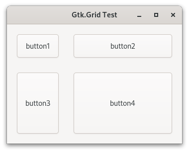 Gtk4で作成したGtk.Gridにボタンを4つのせた画像。